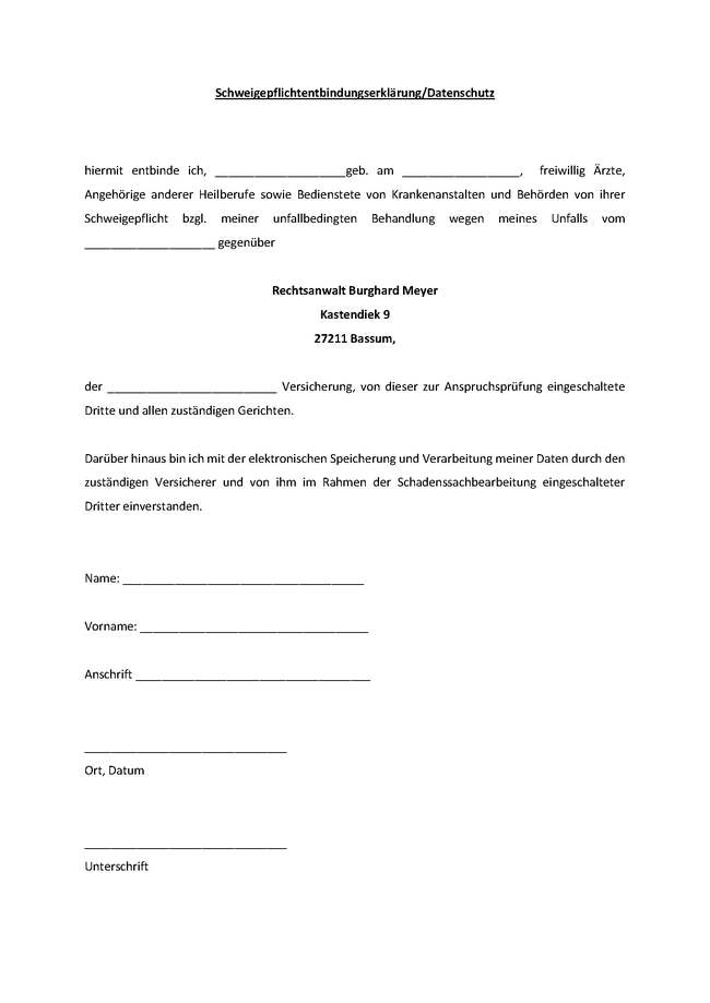 Fragebogen Schweigepflicht Entbindungserklärung